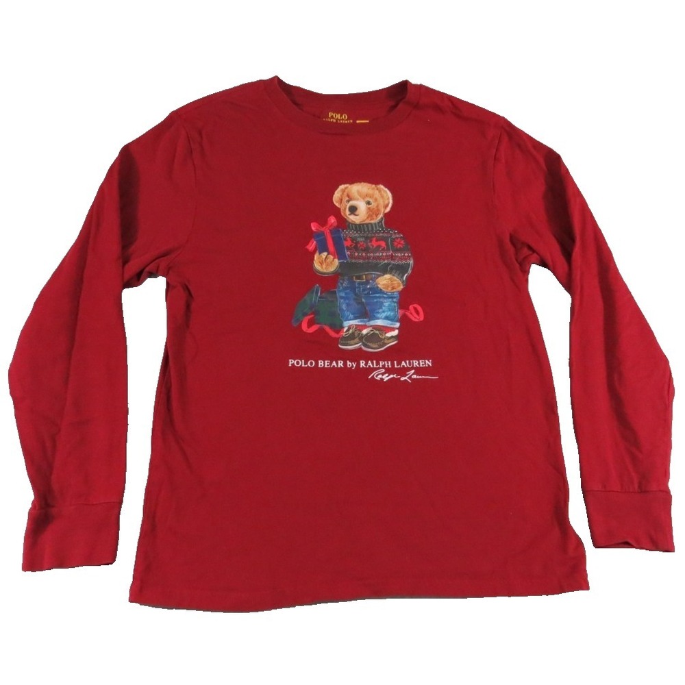 Polo Ralph Lauren Boys L 14-16 Polo Bear Long Sleeve Shirt Red Christmas Holiday